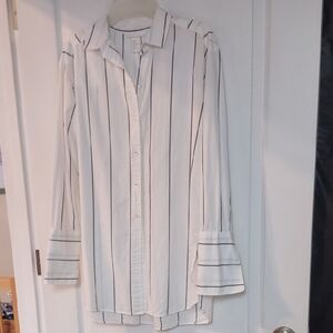 H&M White Blouse w Thin Black Stripes & Wide Flared Cuffs